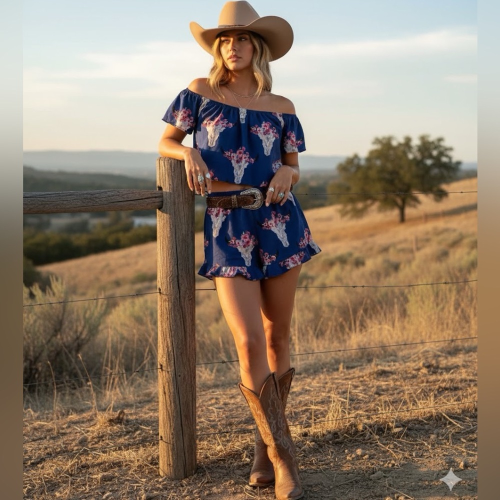 altar’d state California Desert Skull Ruffle top short Set size small flowy blue